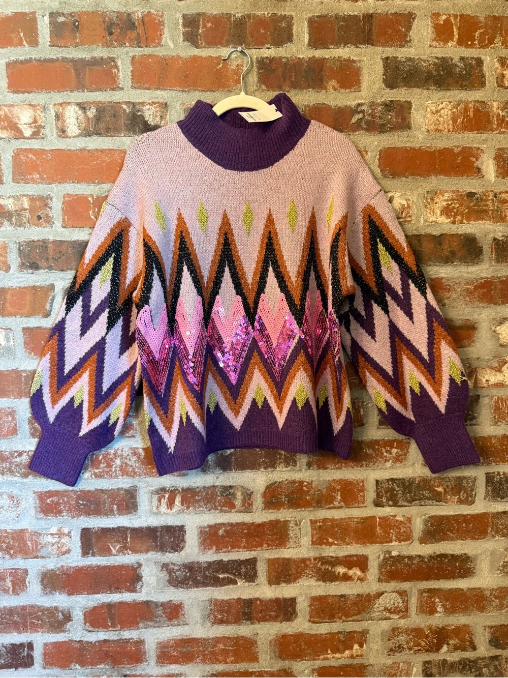 S54 - Francesca’s Purple & Pink Geometric Sequin Knit Sweater